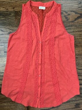 Meadow Rue Anthropologie Coral Lace Blouse Sleeveless Button Front Top